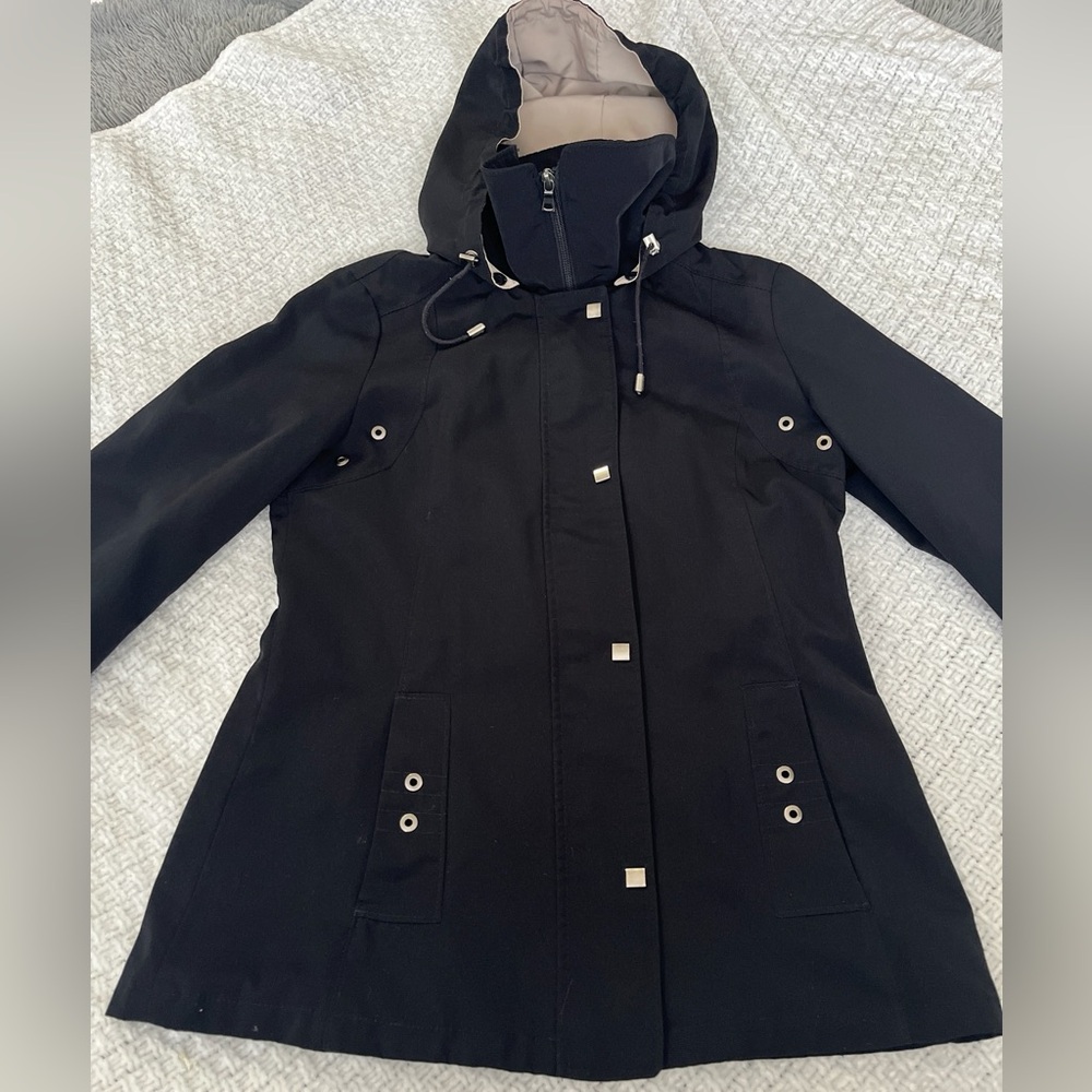 Jones New York Coat Anorak Black Tan Lined Detachable Hood Short Coat SZ:XS-S - Picture 3 of 9